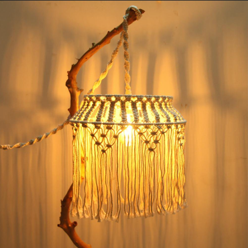 Handmade Macrame Hanging Lamp | Boho Cotton Ceiling Light for Warm Ambience